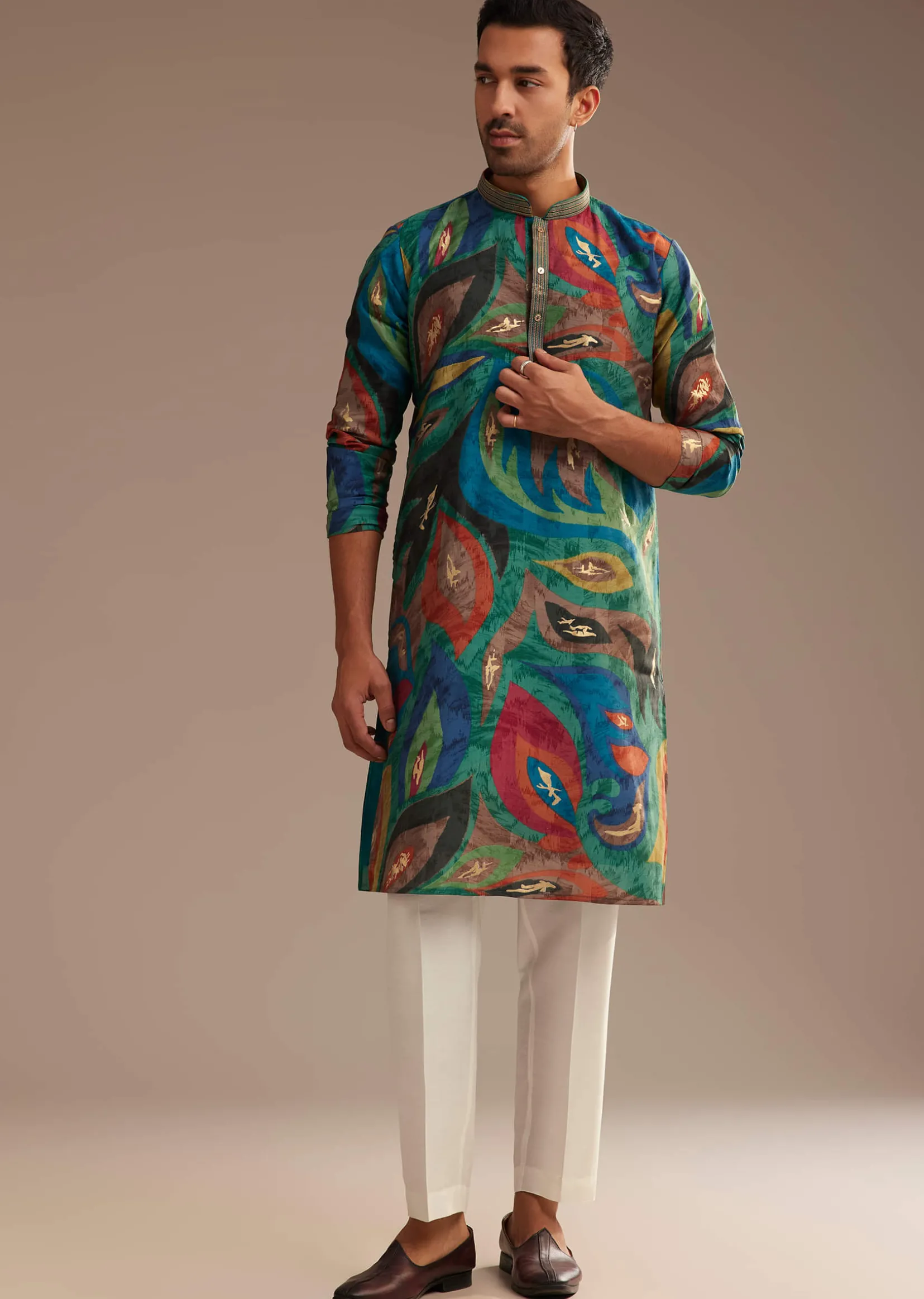 Peacock Blue Multi Color Silk Abstract Printed Kurta Set