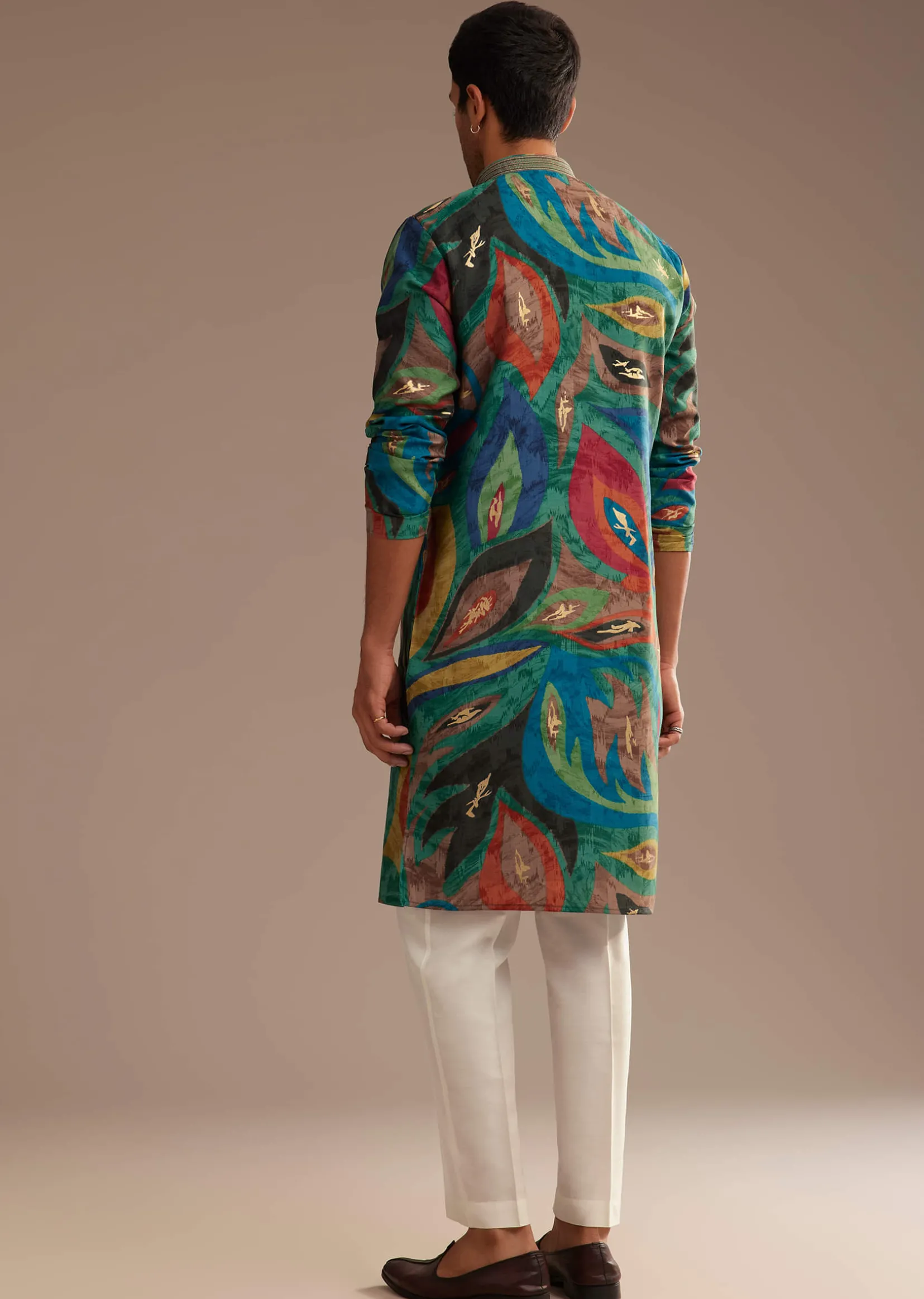 Peacock Blue Multi Color Silk Abstract Printed Kurta Set