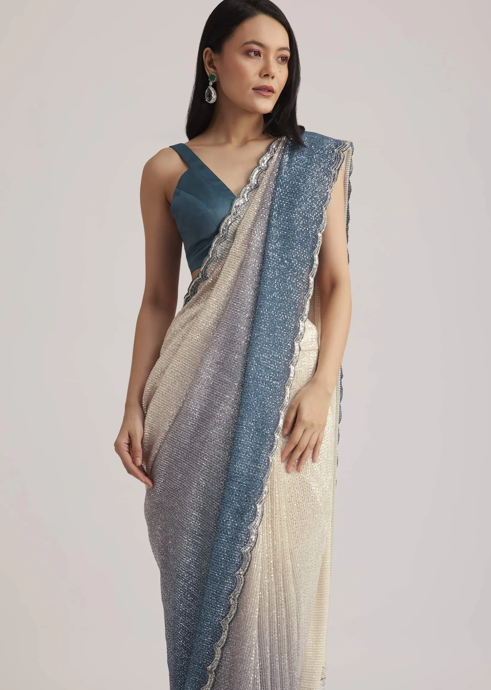 Peacock Blue Ombre Sequins Saree With Scalloped Embroidered Border