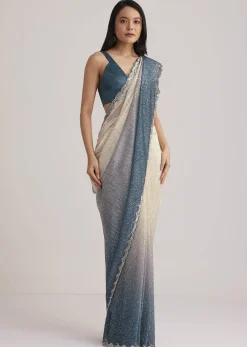 Peacock Blue Ombre Sequins Saree With Scalloped Embroidered Border