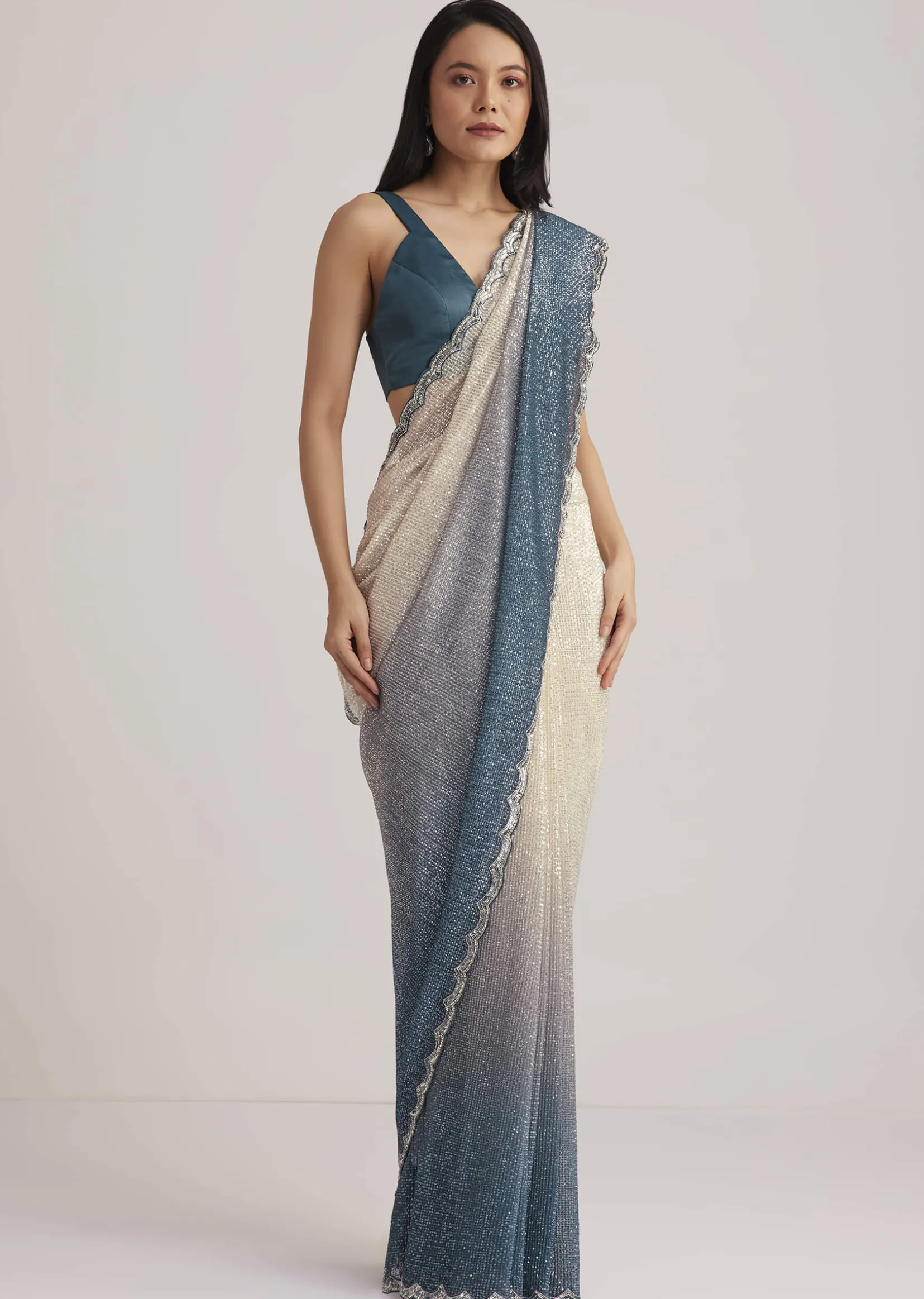 Peacock Blue Ombre Sequins Saree With Scalloped Embroidered Border
