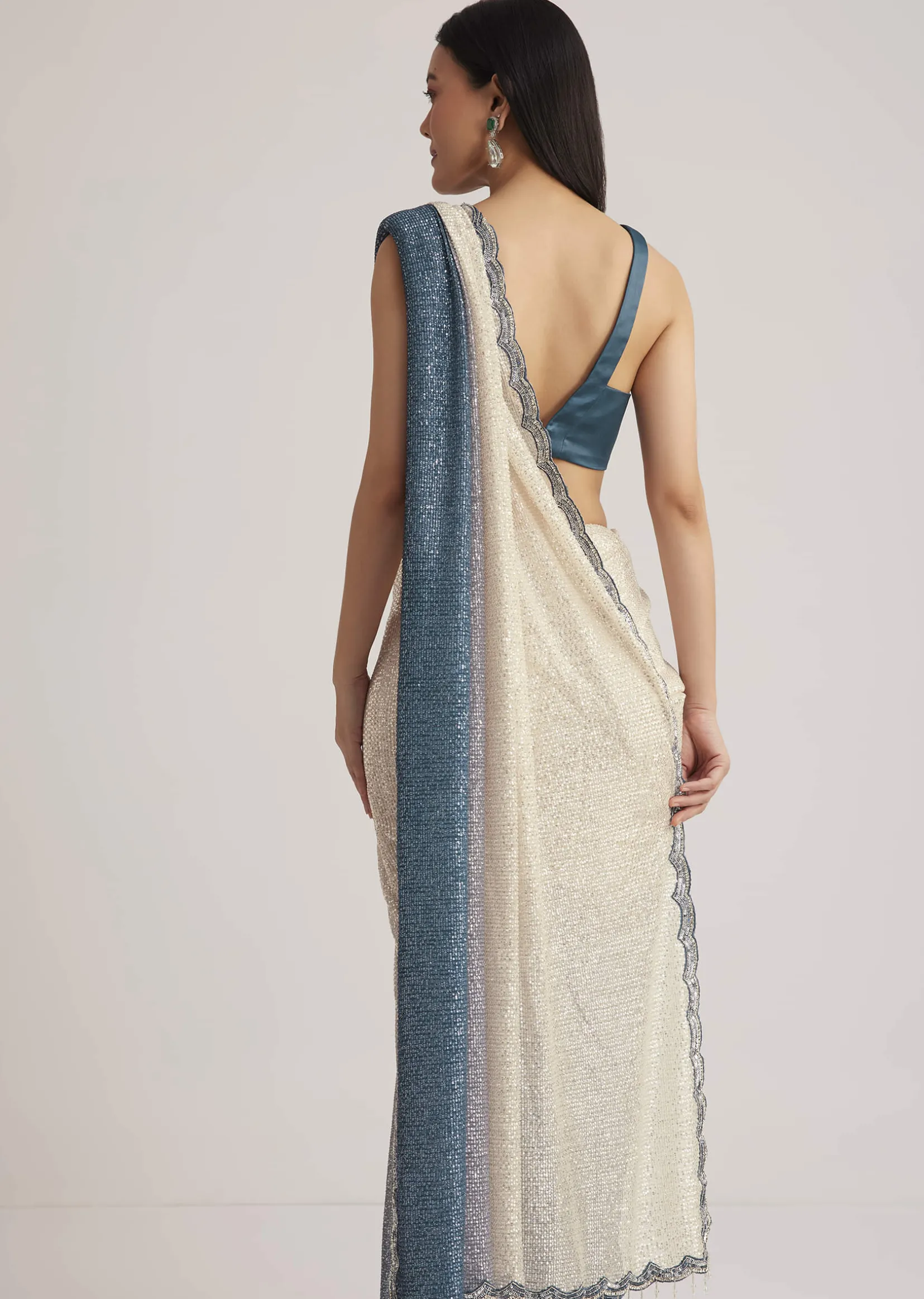 Peacock Blue Ombre Sequins Saree With Scalloped Embroidered Border