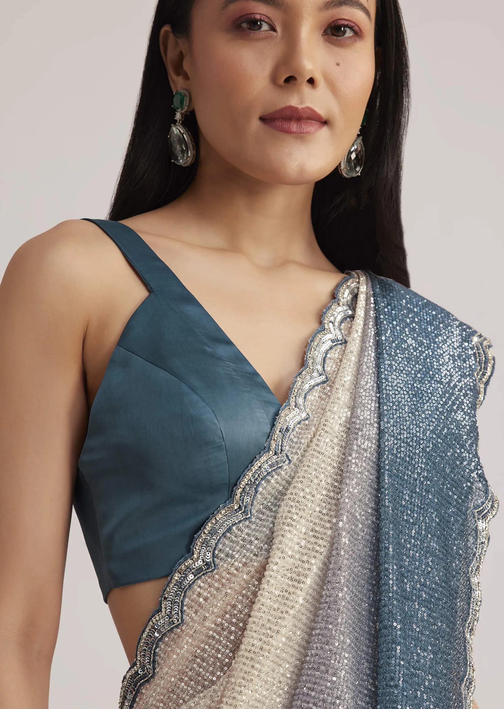 Peacock Blue Ombre Sequins Saree With Scalloped Embroidered Border