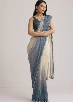 Peacock Blue Ombre Sequins Saree With Scalloped Embroidered Border