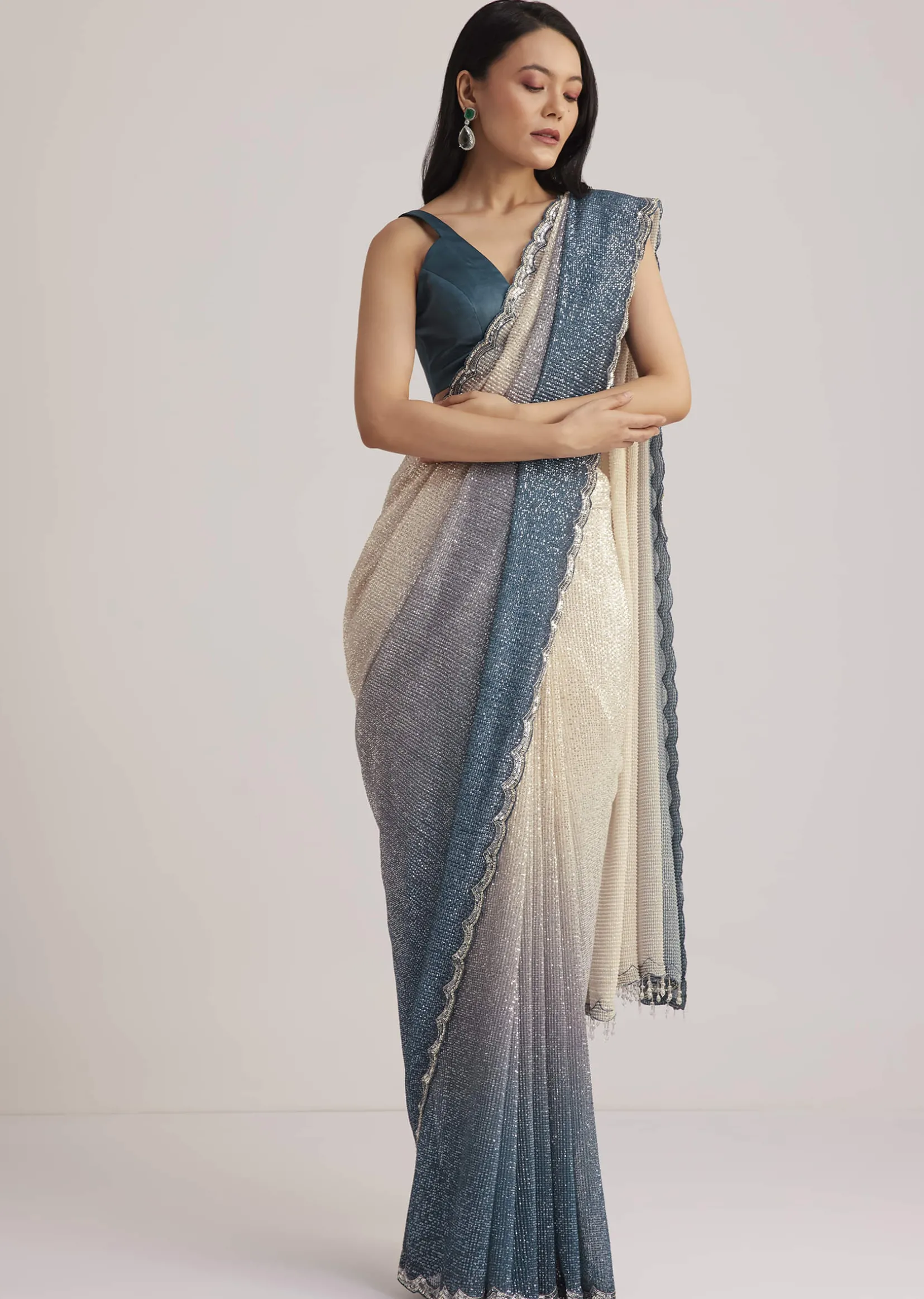 Peacock Blue Ombre Sequins Saree With Scalloped Embroidered Border