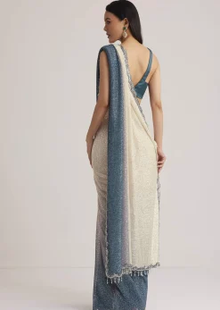 Peacock Blue Ombre Sequins Saree With Scalloped Embroidered Border