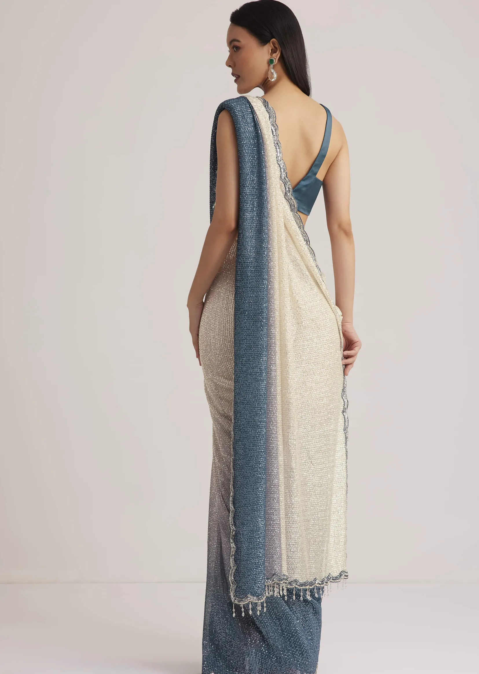 Peacock Blue Ombre Sequins Saree With Scalloped Embroidered Border