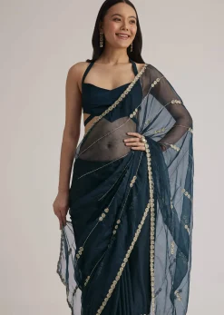 Peacock Blue Organza Saree With Cutdana Embroidery