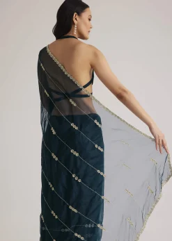 Peacock Blue Organza Saree With Cutdana Embroidery