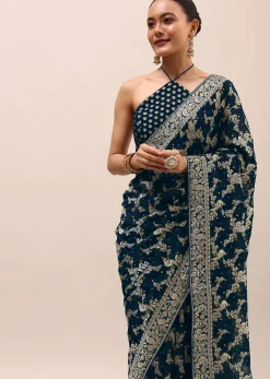 Peacock Blue Saree In Zari Jaal With Unstitched Blouse