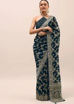 Peacock Blue Saree In Zari Jaal With Unstitched Blouse