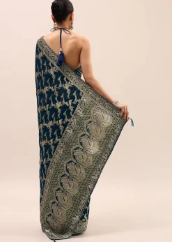 Peacock Blue Saree In Zari Jaal With Unstitched Blouse