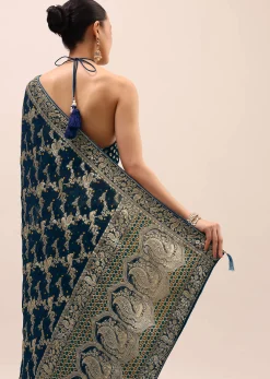 Peacock Blue Saree In Zari Jaal With Unstitched Blouse