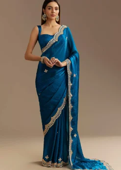Peacock Blue Satin Saree With Gotapatti Zardosi Stones And Cutdana Embroidery