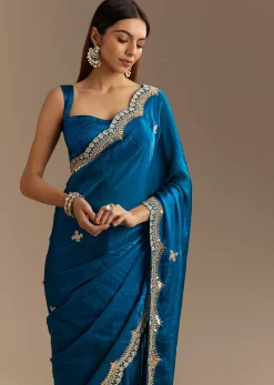 Peacock Blue Satin Saree With Gotapatti Zardosi Stones And Cutdana Embroidery