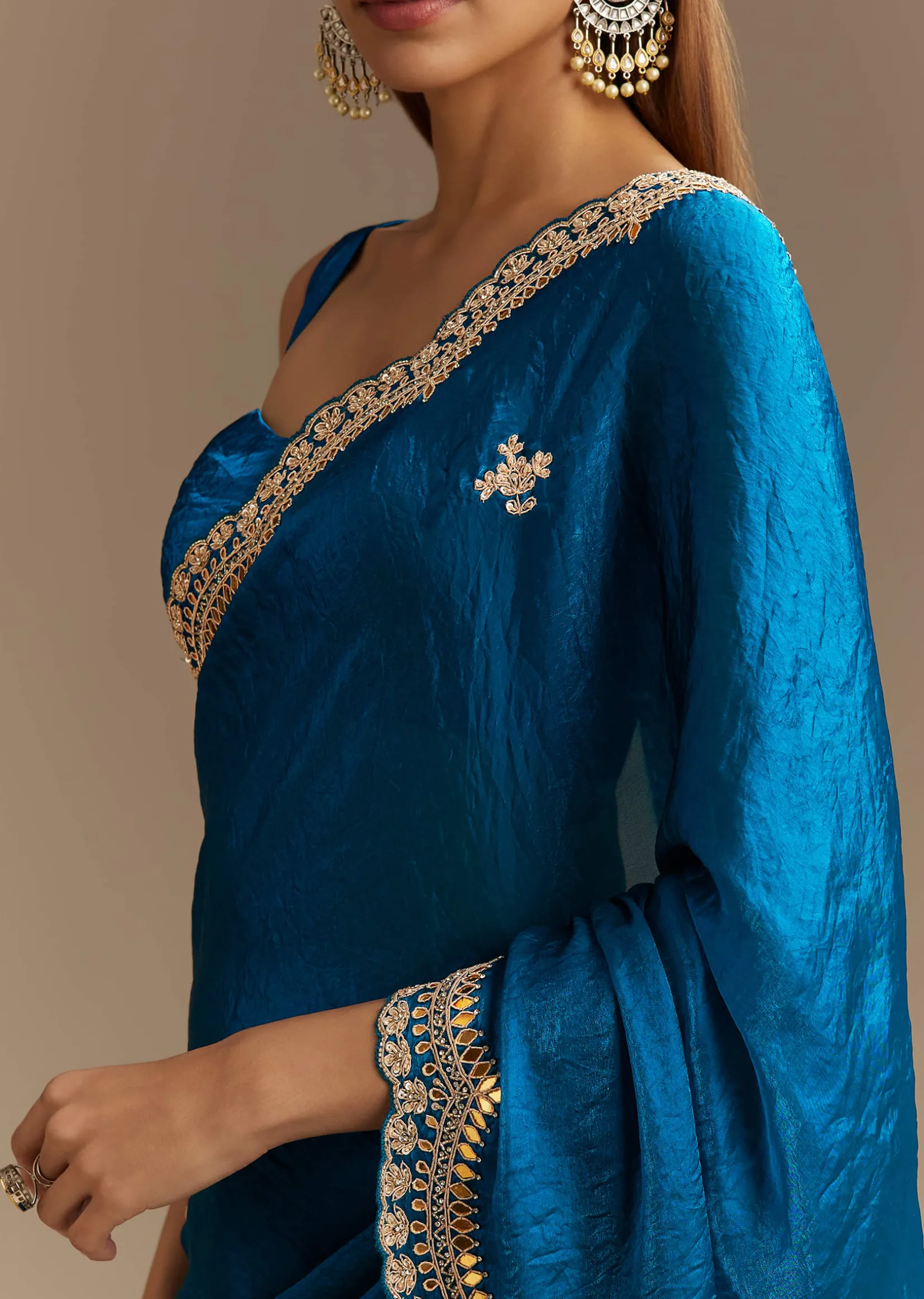 Peacock Blue Satin Saree With Gotapatti Zardosi Stones And Cutdana Embroidery