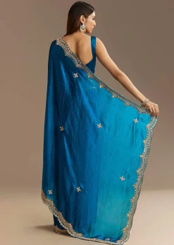 Peacock Blue Satin Saree With Gotapatti Zardosi Stones And Cutdana Embroidery