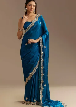 Peacock Blue Satin Saree With Gotapatti Zardosi Stones And Cutdana Embroidery
