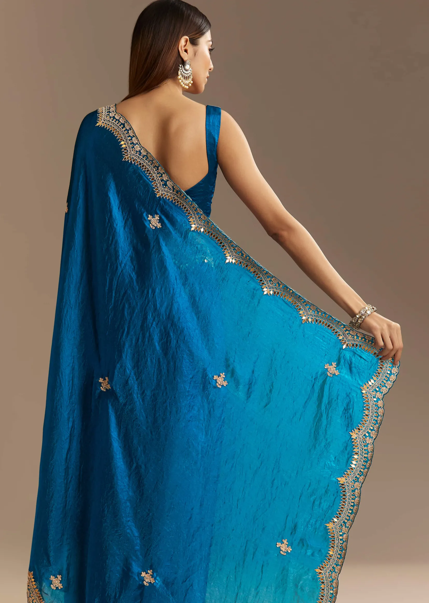 Peacock Blue Satin Saree With Gotapatti Zardosi Stones And Cutdana Embroidery