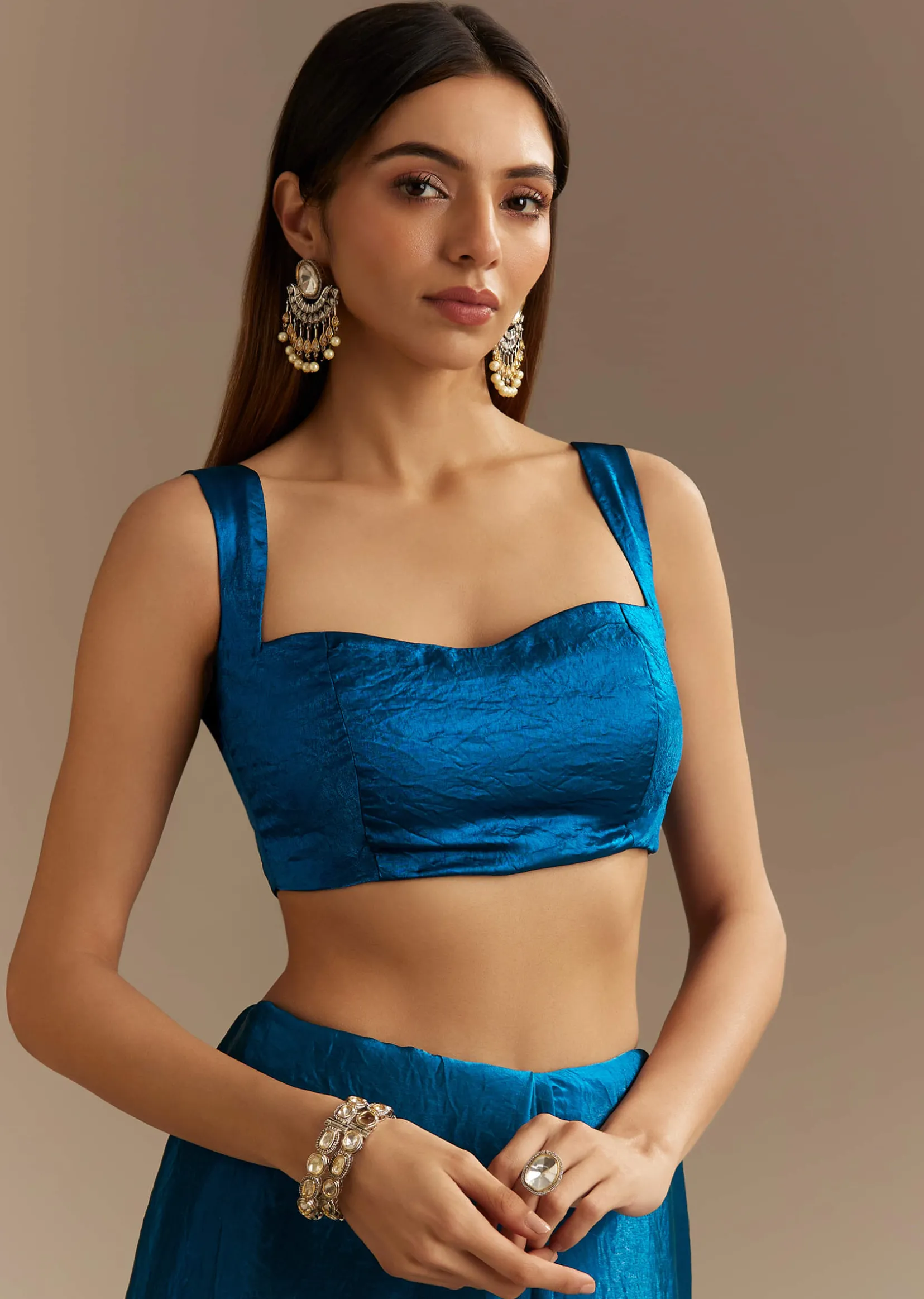 Peacock Blue Satin Saree With Gotapatti Zardosi Stones And Cutdana Embroidery