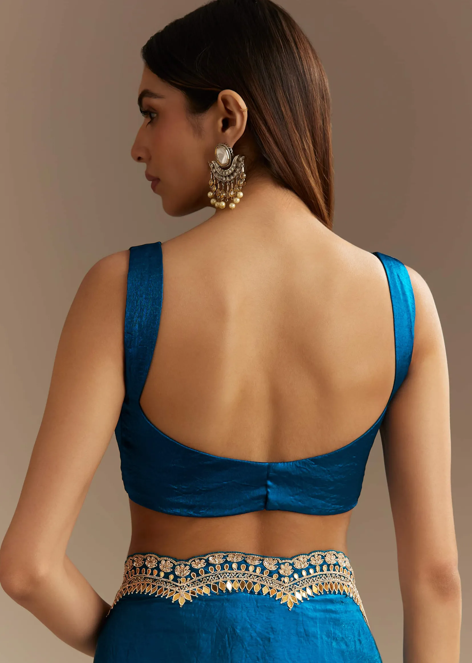 Peacock Blue Satin Saree With Gotapatti Zardosi Stones And Cutdana Embroidery