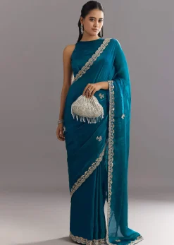 Peacock Blue Satin Saree With Gota Patti Embroidery And Scallop Border