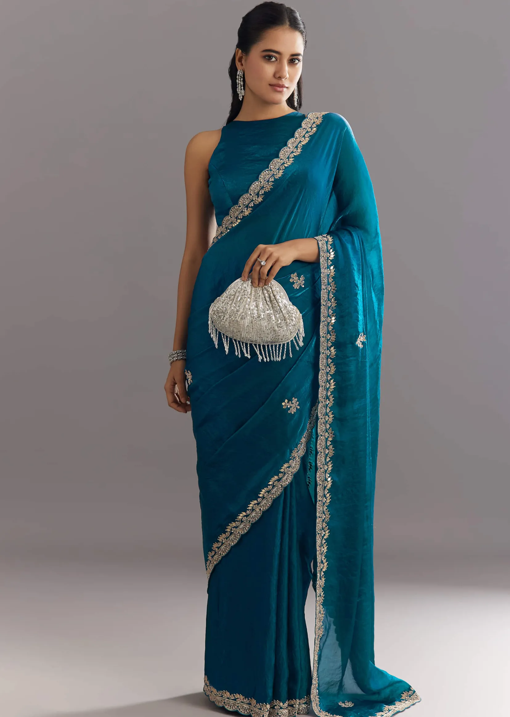Peacock Blue Satin Saree With Gota Patti Embroidery And Scallop Border