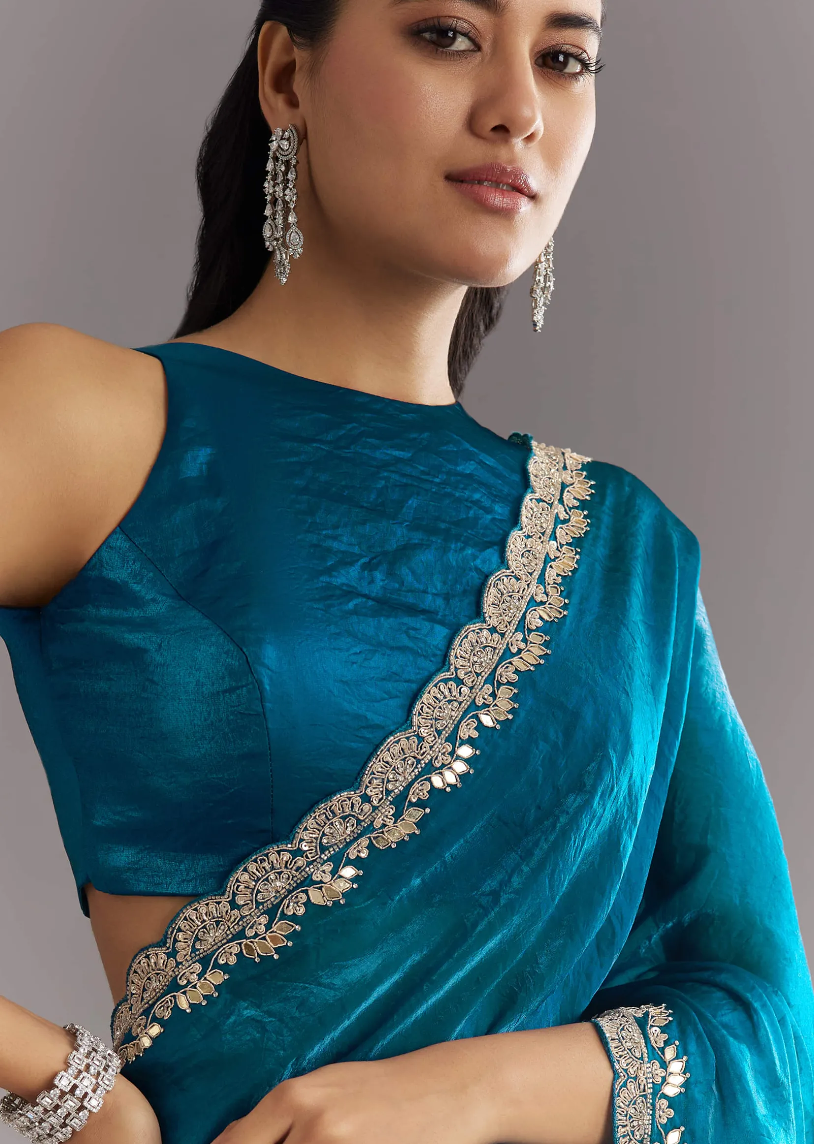Peacock Blue Satin Saree With Gota Patti Embroidery And Scallop Border