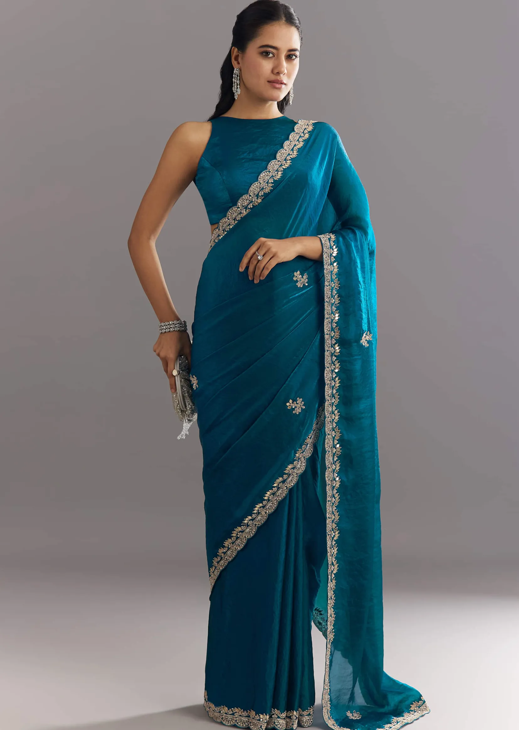 Peacock Blue Satin Saree With Gota Patti Embroidery And Scallop Border