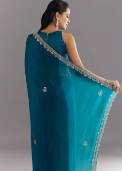 Peacock Blue Satin Saree With Gota Patti Embroidery And Scallop Border