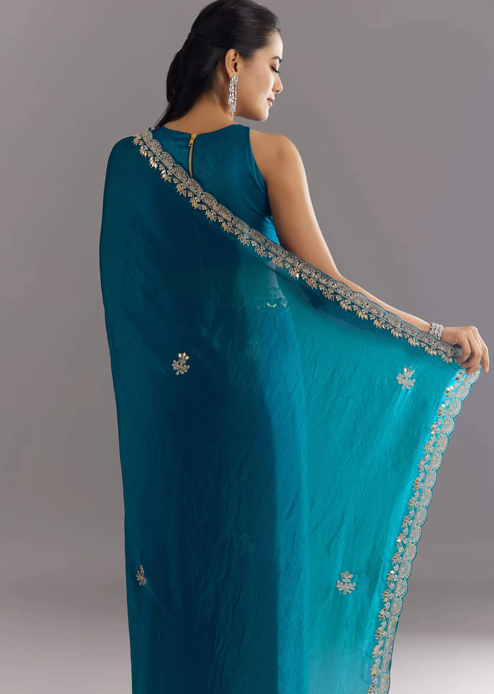 Peacock Blue Satin Saree With Gota Patti Embroidery And Scallop Border