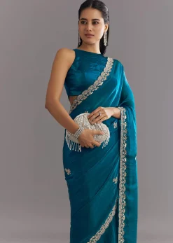 Peacock Blue Satin Saree With Gota Patti Embroidery And Scallop Border