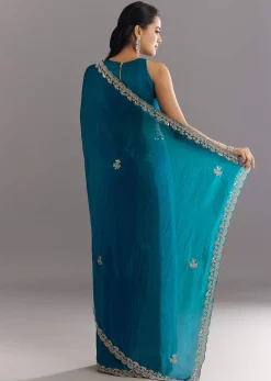 Peacock Blue Satin Saree With Gota Patti Embroidery And Scallop Border