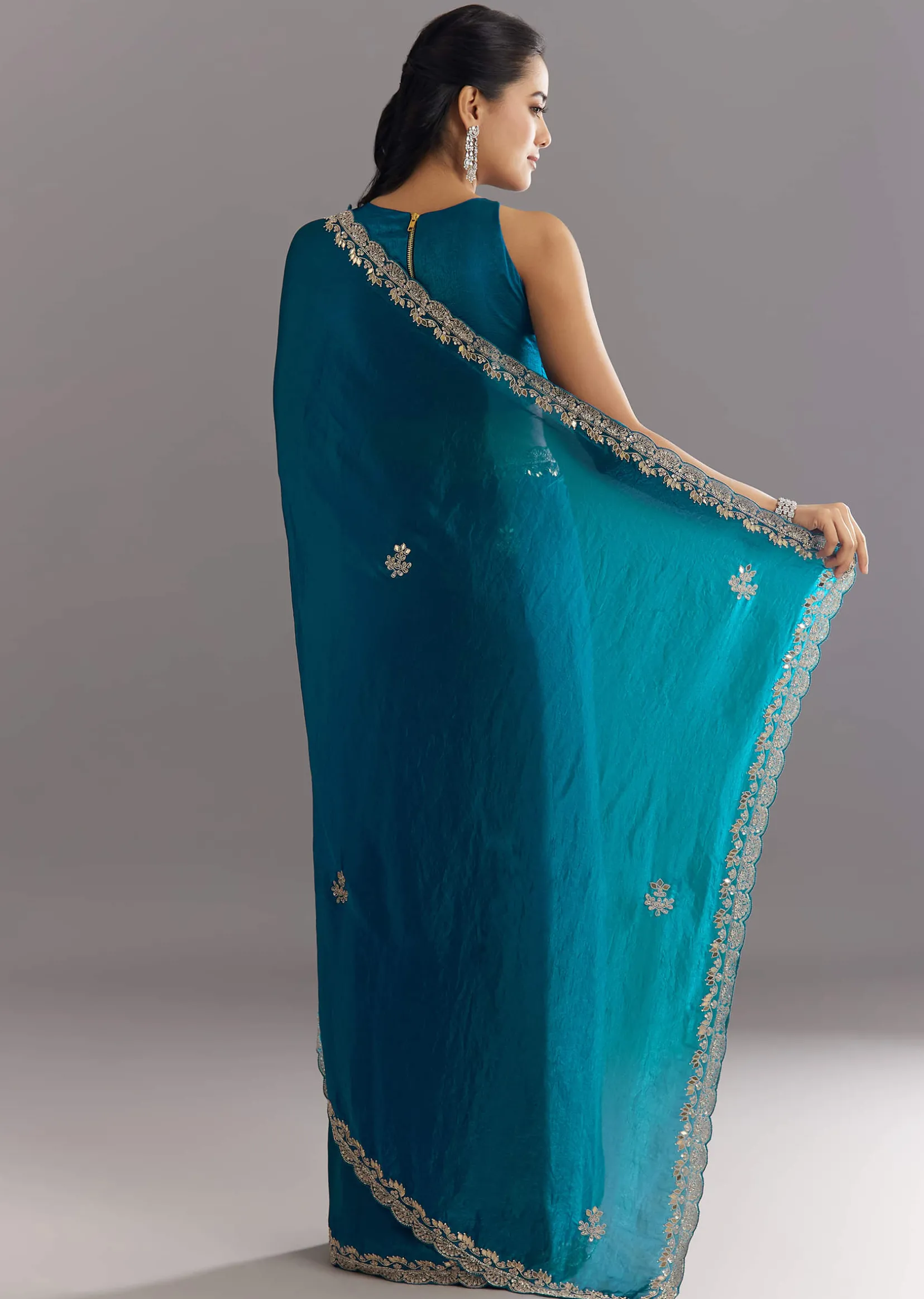 Peacock Blue Satin Saree With Gota Patti Embroidery And Scallop Border