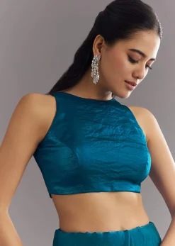 Peacock Blue Satin Saree With Gota Patti Embroidery And Scallop Border
