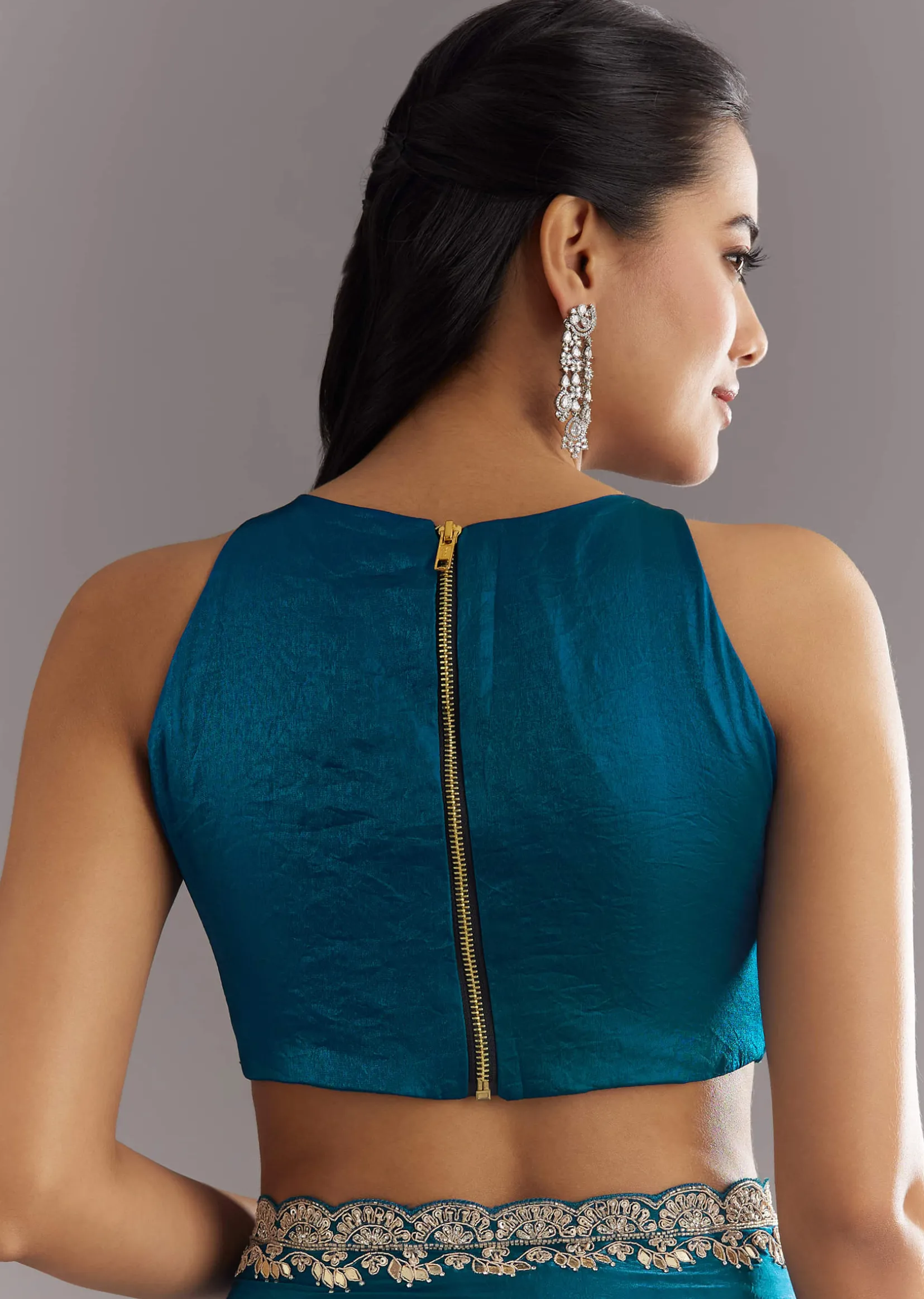 Peacock Blue Satin Saree With Gota Patti Embroidery And Scallop Border