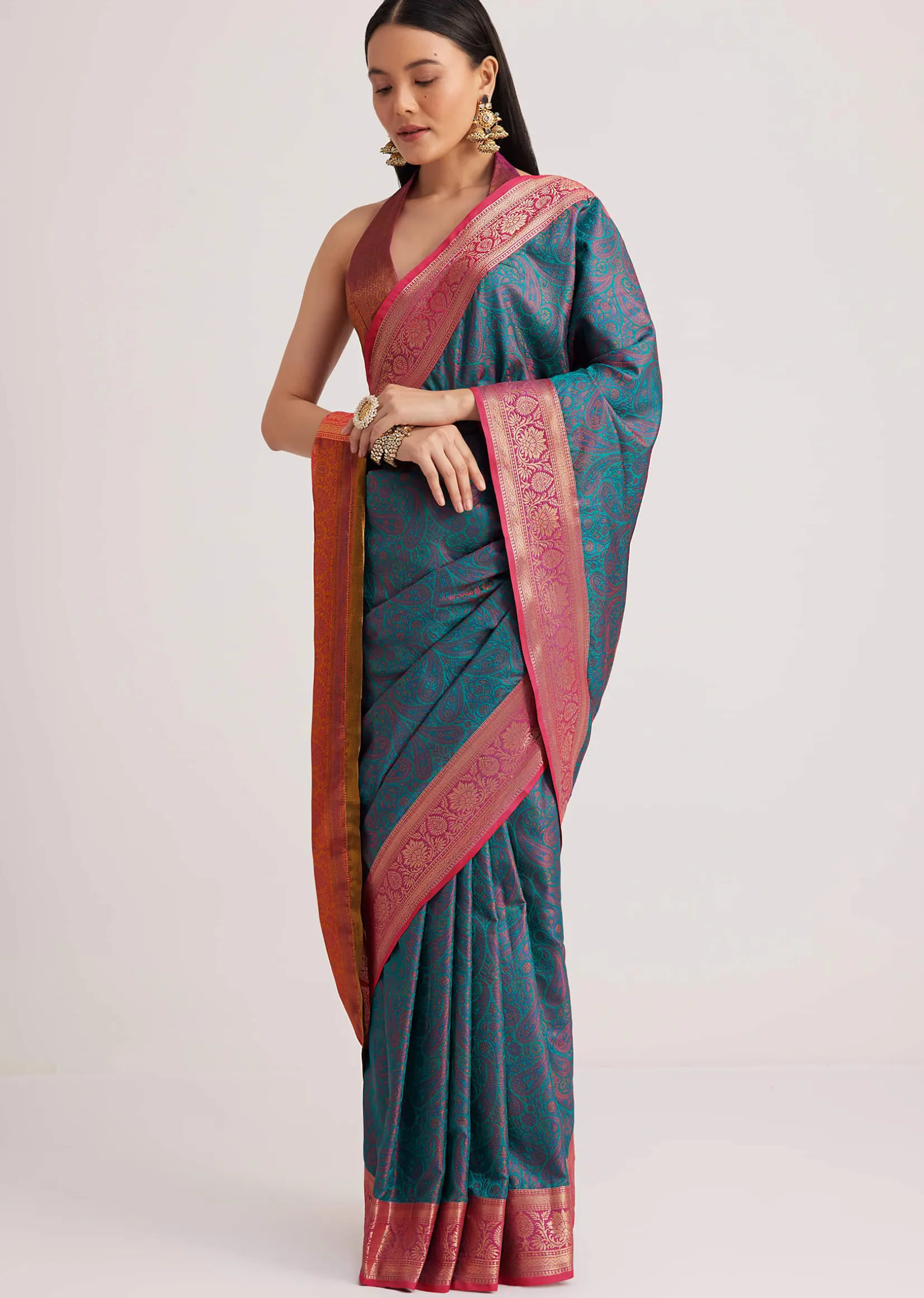 Peacock Blue Silk Saree With Constrat Border Pallu