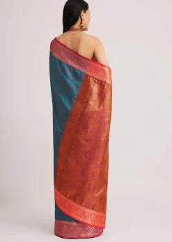 Peacock Blue Silk Saree With Constrat Border Pallu