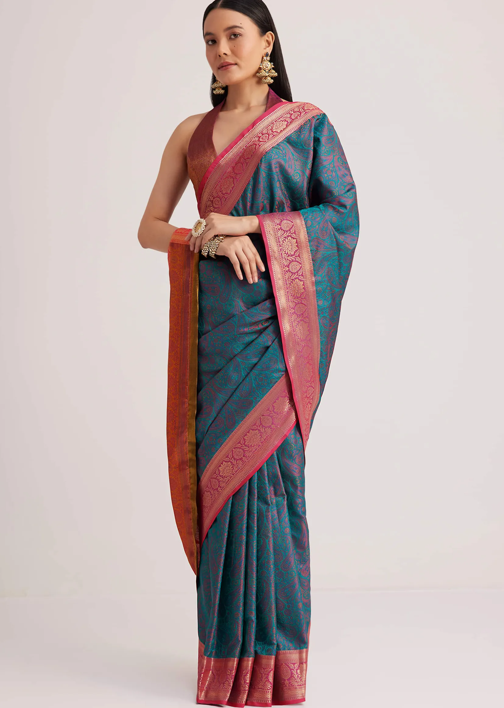 Peacock Blue Silk Saree With Constrat Border Pallu