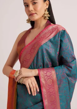 Peacock Blue Silk Saree With Constrat Border Pallu
