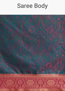 Peacock Blue Silk Saree With Constrat Border Pallu