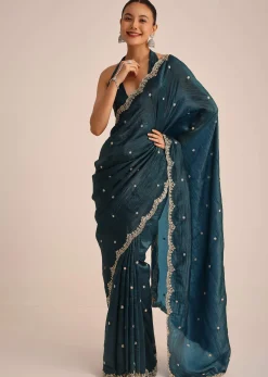Peacock Blue Tissue Saree With Sequin And Cutdana Border And Unstitched Blouse
