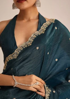 Peacock Blue Tissue Saree With Sequin And Cutdana Border And Unstitched Blouse