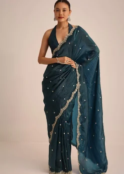 Peacock Blue Tissue Saree With Sequin And Cutdana Border And Unstitched Blouse