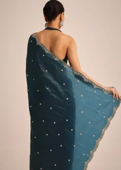 Peacock Blue Tissue Saree With Sequin And Cutdana Border And Unstitched Blouse