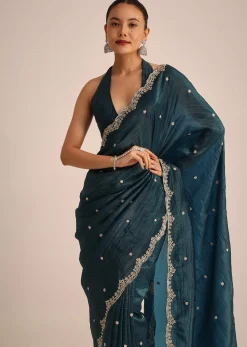 Peacock Blue Tissue Saree With Sequin And Cutdana Border And Unstitched Blouse