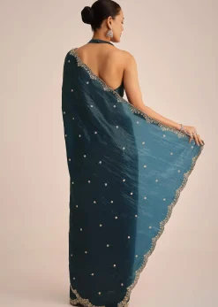 Peacock Blue Tissue Saree With Sequin And Cutdana Border And Unstitched Blouse