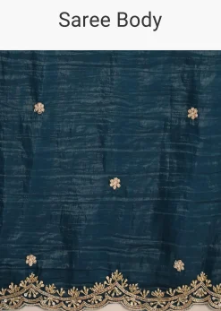 Peacock Blue Tissue Saree With Sequin And Cutdana Border And Unstitched Blouse