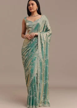 Peacock Blue Tissue Silk Saree Embellished With Stones All Over