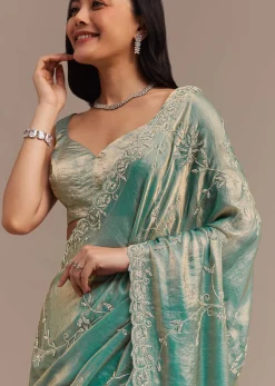 Peacock Blue Tissue Silk Saree Embellished With Stones All Over